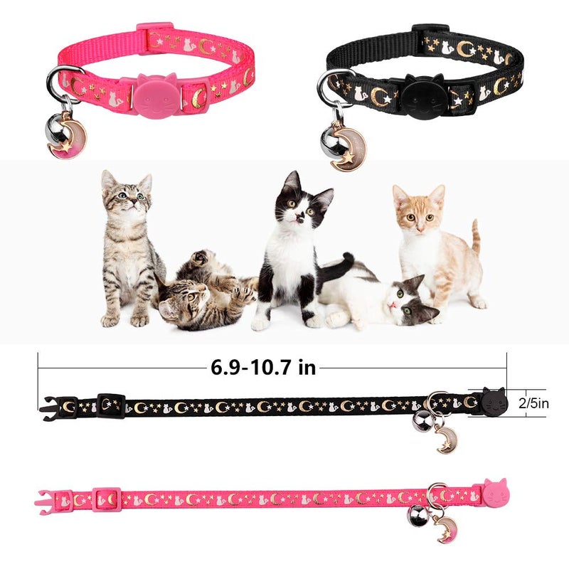 Baeuppit 2PCS Breakaway Cat Collars with Bell Moons Stars Cute Kitty Adjustable Safe Kitten Collars with Pendant Glow in The Dark(Black&Pink) - Image 5